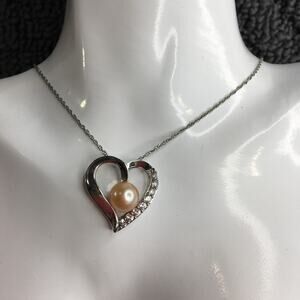 925 Silver Heart on Chain Cream Colored Faux Pearl and Rhinestone‎ Accents